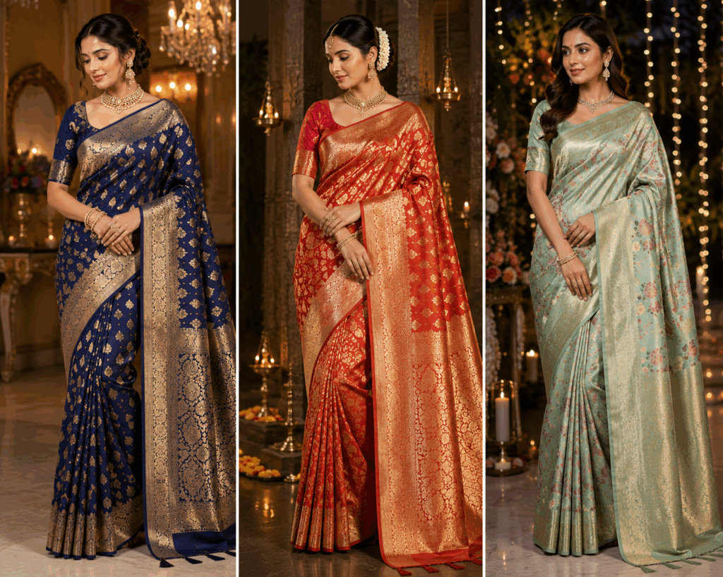 Three women wearing elegant silk sarees in navy blue, red, and pastel green, posing in a luxurious festive setting with warm lights and traditional jewelry.